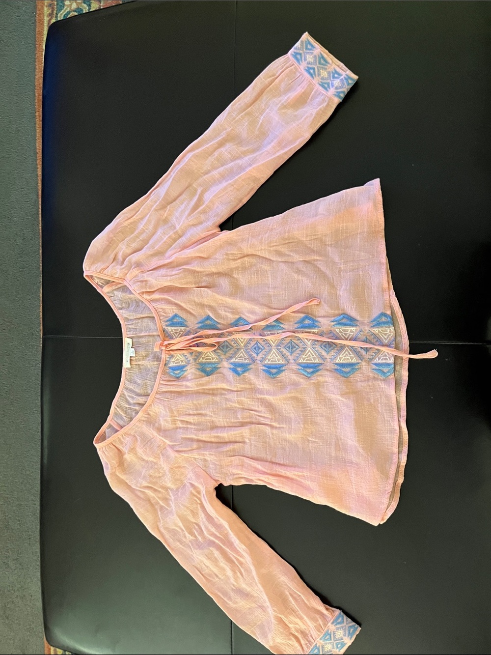 Light peach Boho Embroidered Peasant Top with Blue Accents